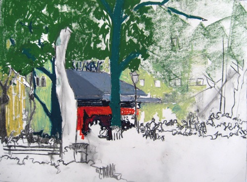 Madison Square Park The Shake Shack; 
charcoal and oil pastel on paper; 18 x 24"